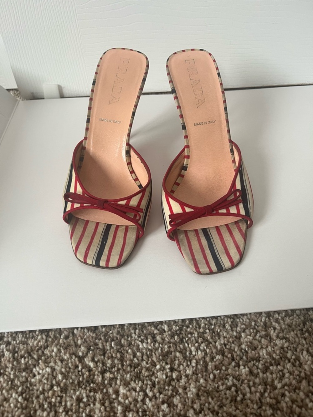 Prada Cream Striped Slide Mules with Red Trim